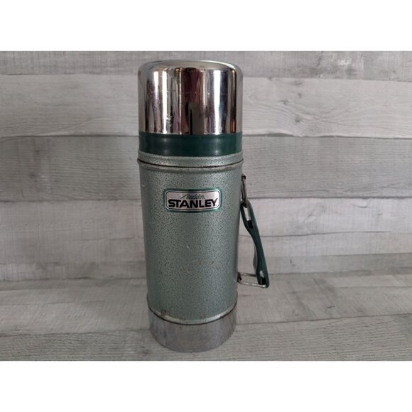 Vtg Aladdin Stanley Thermos Green Chrome Metal 1 Quart Handle Retro Camping Gear - Picture 1 of 9